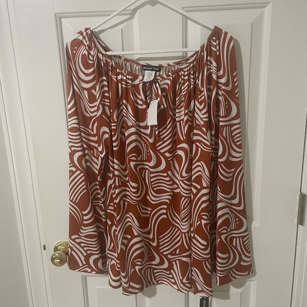 Brown And White Patterned Blouse Double Take 3x - image 1